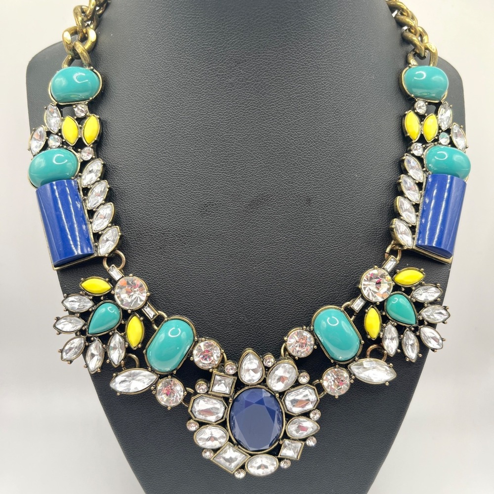 Chunky Blue Teal & Yellow Statement Choker Bib Necklace w/ Rhinestones 16"
